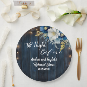 Rustic Blue Wood White Floral Rehearsal Dinner Paper Plate