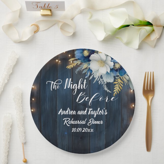 Rustic Blue Wood White Floral Rehearsal Dinner Paper Plate (Wedding)