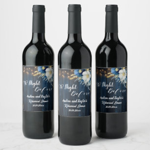 Rustic Blue Wood White Floral Rehearsal Dinner Wine Label