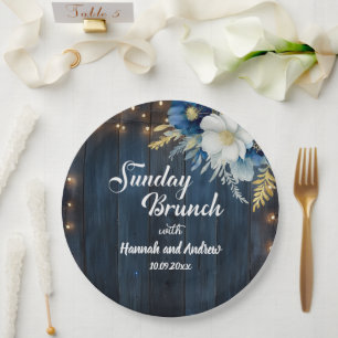 Rustic Blue Wood White Floral Sunday Brunch Paper Plate