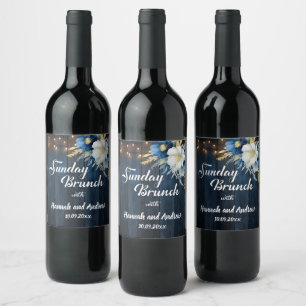 Rustic Blue Wood White Floral Sunday Brunch Wine Label