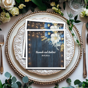 Rustic Blue Wood White Floral Wedding Napkin