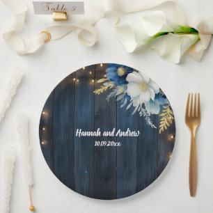 Rustic Blue Wood White Floral Wedding  Paper Plate