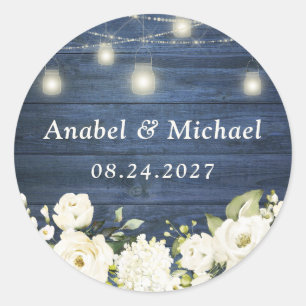 Rustic Blue Wood White Flowers Mason Jar Sticker