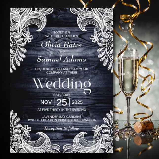 Rustic Blue Wood White Lace Wedding Invitation (Creator Uploaded)