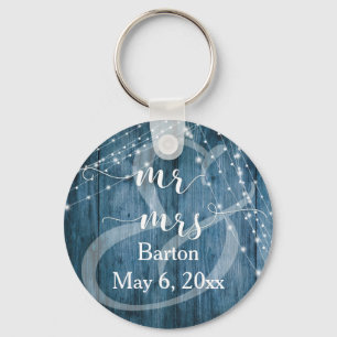Rustic Blue Wood, White Light Strings Mr & Mrs Keychain