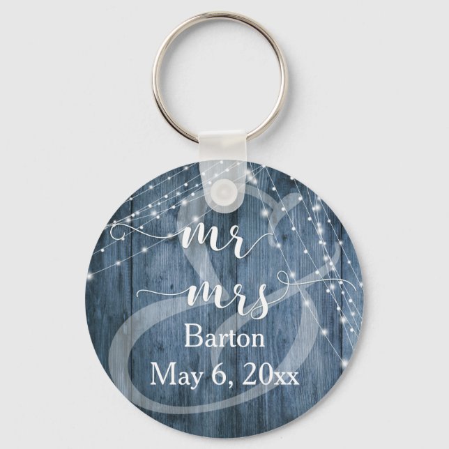 Rustic Blue Wood, White Light Strings Mr & Mrs Keychain (Front)