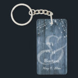 Rustic Blue Wood, White Light Strings Mr & Mrs Keychain<br><div class="desc">This rustic, elegant wedding and event invitation suite of designs presents some popular wedding design trends combined in a fresh way. With a rich blue wood background and dual strings of twinkling light accents, I've combined one of the most beautiful modern script fonts from my collection to render graphic depicting...</div>