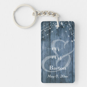Rustic Blue Wood, White Light Strings Mr & Mrs Keychain