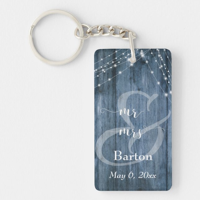 Rustic Blue Wood, White Light Strings Mr & Mrs Keychain (Front)