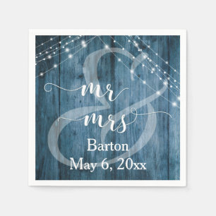 Rustic Blue Wood, White Light Strings Mr & Mrs Napkin