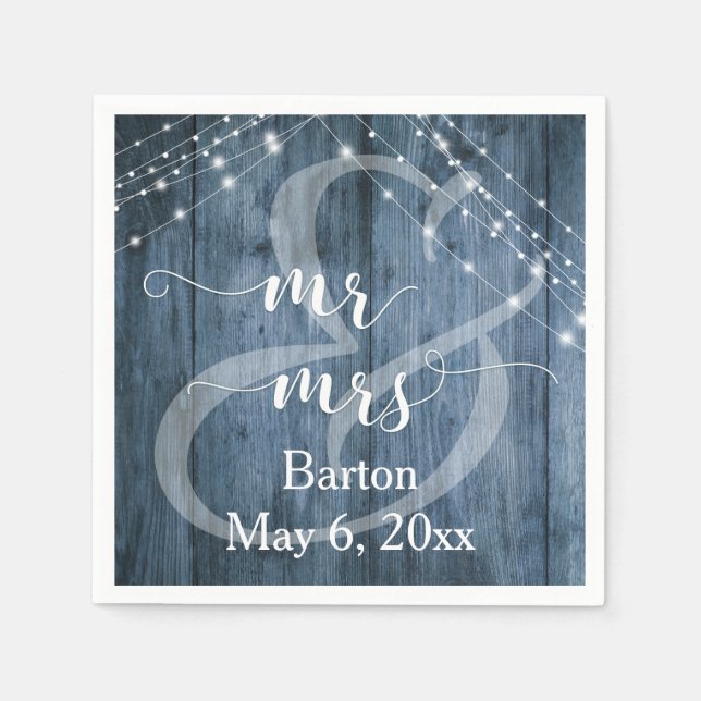 Rustic Blue Wood, White Light Strings Mr & Mrs Napkin (Front)