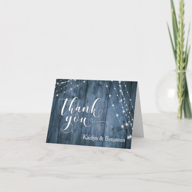 Rustic Blue Wood, White Light Strings Thank You Card (Front)