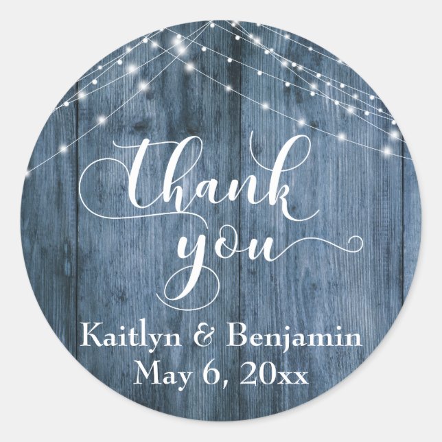 Rustic Blue Wood & White Light Strings Thank You Classic Round Sticker (Front)