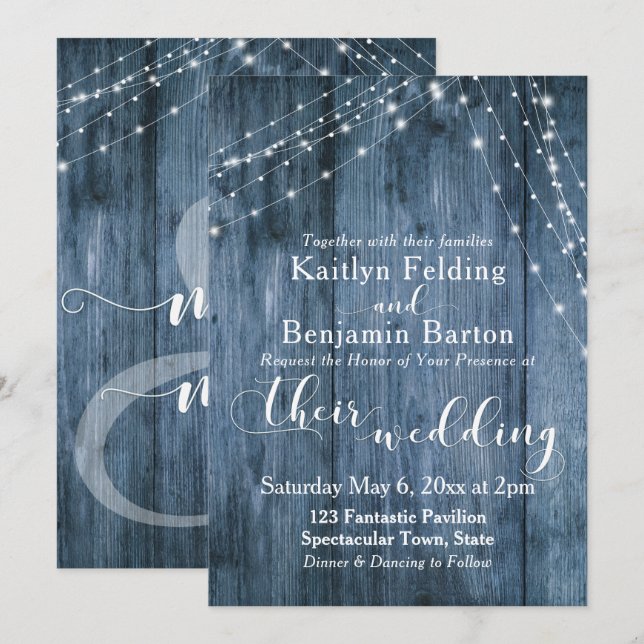 Rustic Blue Wood, White Light Strings Wedding 2 Invitation (Front/Back)