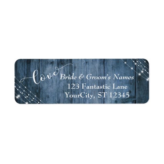 Rustic Blue Wood, White Light Strings Wedding 3 Return Address Label