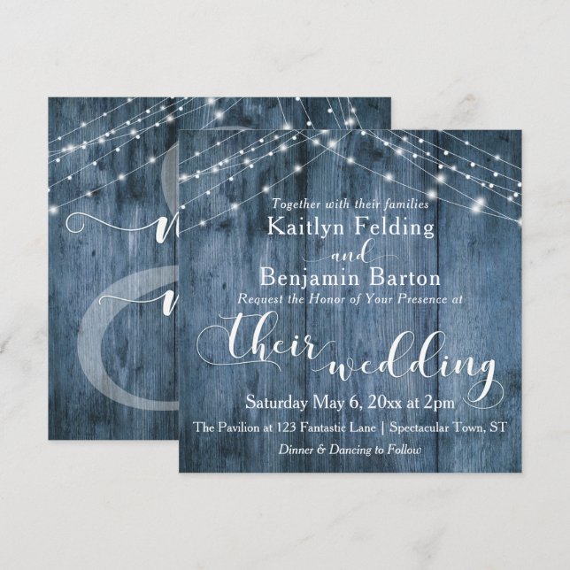 Rustic Blue Wood, White Light Strings Wedding Invitation (Front/Back)