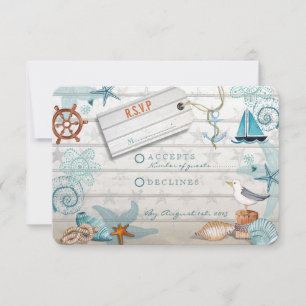 Rustic Blue Wooden Nautical Beach   RSVP Wedding Card