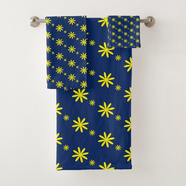 Rustic Blue Yellow Flower Blooms Whimsical Floral Bath Towel Set (Insitu)