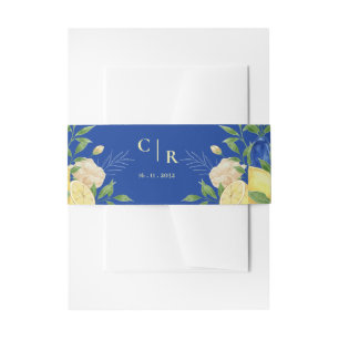 Rustic Blue Yellow Lemon Floral Monogram Wedding  Invitation Belly Band