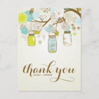 RUSTIC BLUE & YELLOW MASON JARS THANK YOU POSTCARD