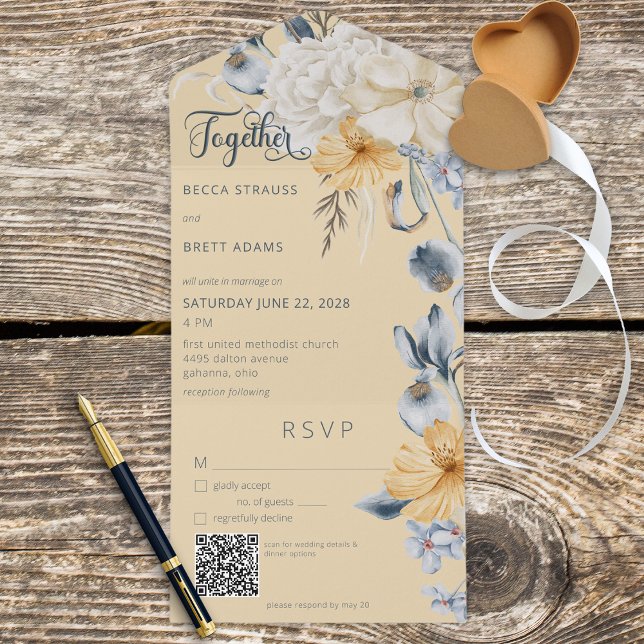 Rustic Blue Yellow & White Floral Yellow QR Code All In One Invitation (Creator Uploaded)