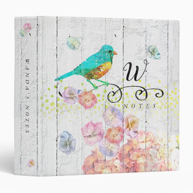 Rustic Bluebird Pink Hydrangea Floral Monogrammed Binder (Front/Spine)