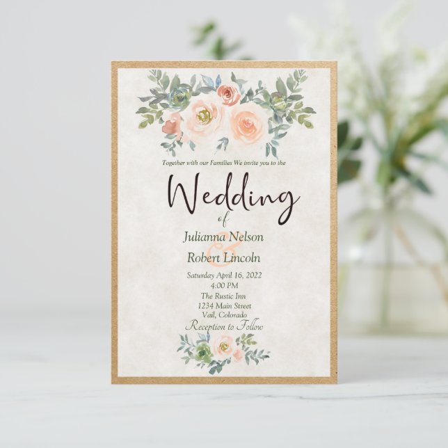 Rustic Blush and green watercolor floral wedding  Invitation (Standing Front)
