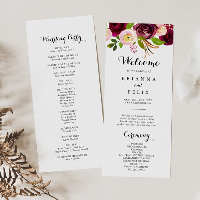 Rustic Blush Bourgogne Floral Wedding Programme (Créateur téléchargé)