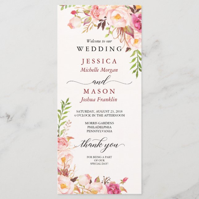Rustic Blush Bourgogne Programme de mariage (Devant)