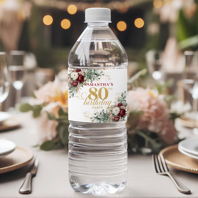 Rustic Blush Burgundy 80th Birthday Water Labels (Rustic Blush Burgundy 80th Birthday Water Labels)