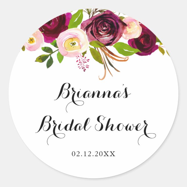 Rustic Blush Burgundy Floral Bridal Shower Favour Classic Round Sticker (Front)