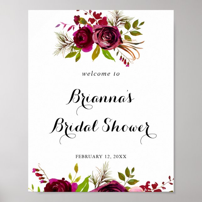 Rustic Blush Burgundy Floral Bridal Shower Welcome Poster (Front)