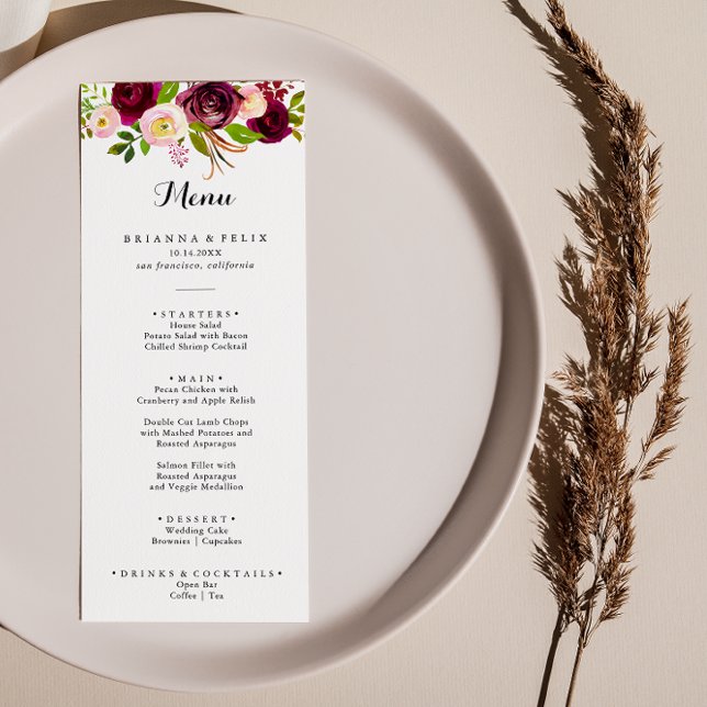 Rustic Blush Burgundy Floral Calligraphy Dinner Menu (Creator Uploaded)