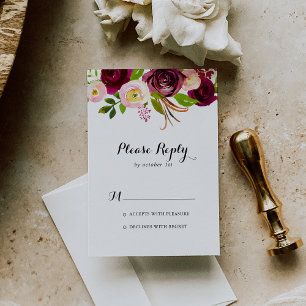 Rustic Blush Burgundy Floral Calligraphy RSVP Card