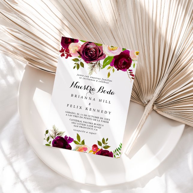 Rustic Blush Burgundy Floral Nuestra Boda Wedding Invitation (Creator Uploaded)