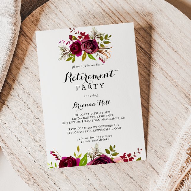 Rustic Blush Burgundy Floral Retirement Party Invitation (Creator Uploaded)