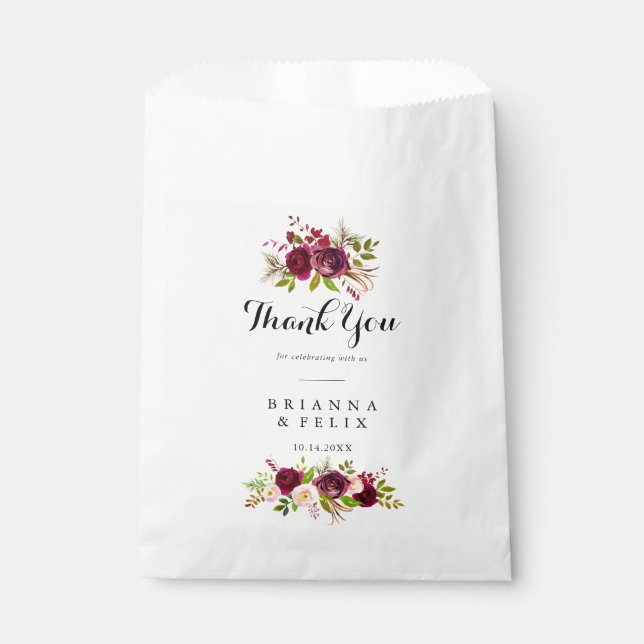 Rustic Blush Burgundy Floral Thank You Wedding Favour Bag (Front)