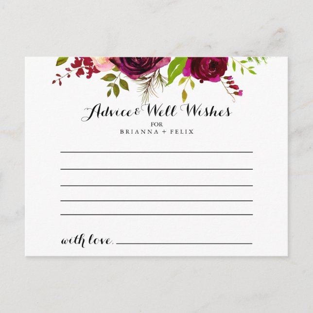 Rustic Blush Burgundy Floral Wedding Advice Card (Front)