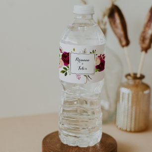Rustic Blush Burgundy Floral Wedding Water Bottle Label