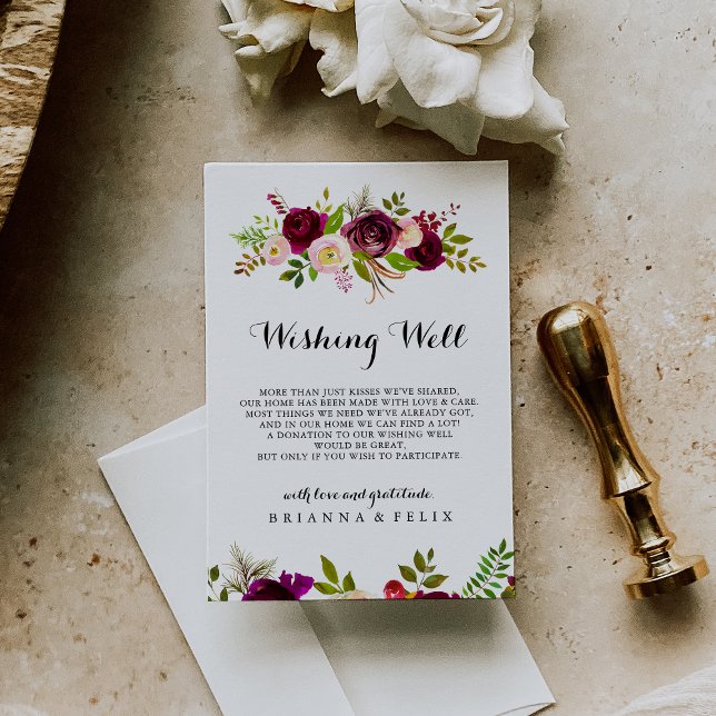 Rustic Blush Burgundy Floral Wedding Wishing Well Enclosure Card (Creator Uploaded)