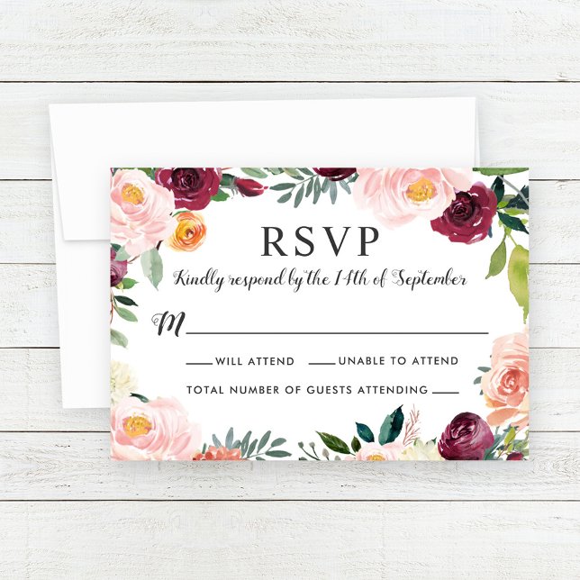 Rustic Blush Burgundy Floral Wreath Wedding RSVP Card (Creator Uploaded)