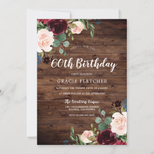 Rustic Blush & Burgundy Flowers 60th Birthday Invitation