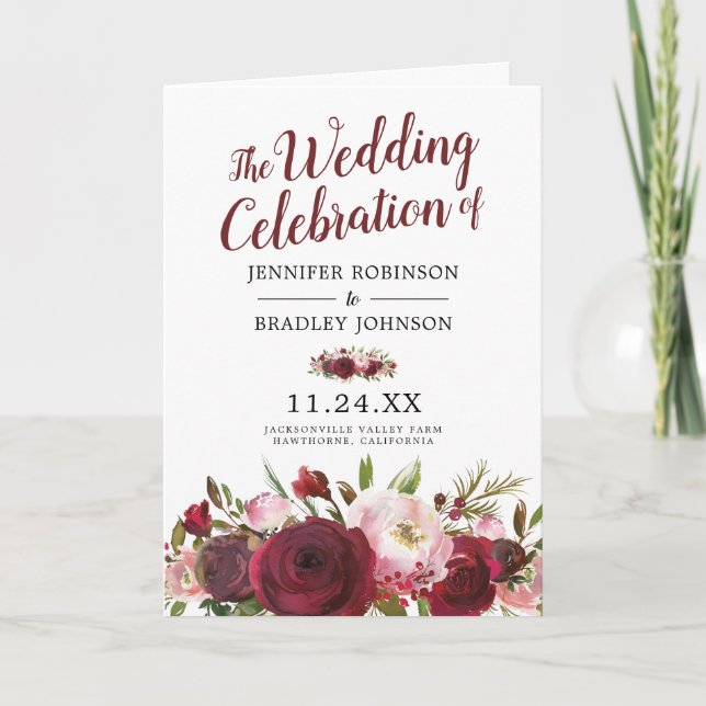Rustic Blush Burgundy Flowers Wedding Ceremony Program (Front)