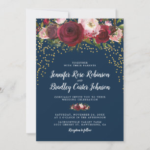 Rustic Blush Burgundy Navy Floral Wedding Invitation