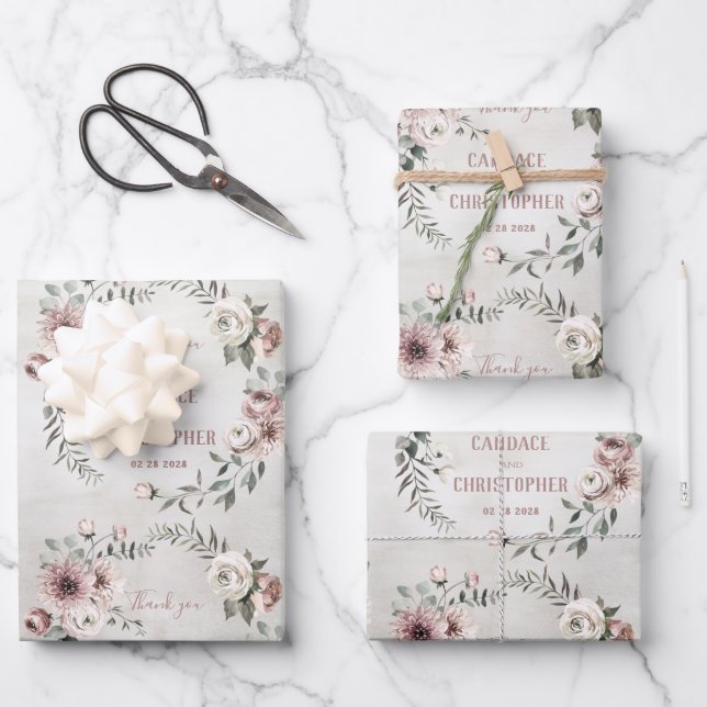 Rustic Blush Eucalyptus Wreath Wedding Thank You  Wrapping Paper Sheet (Front)