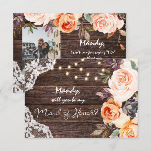 Rustic Blush Floral Be My Maid of Honour with Phot Invitation