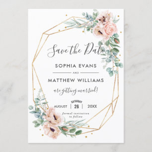 Rustic Blush Floral Eucalyptus Gold Save the Date Invitation