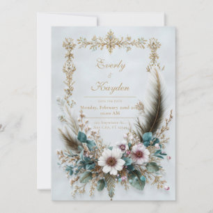Rustic Blush Floral Feather Elegant Wedding Invitation