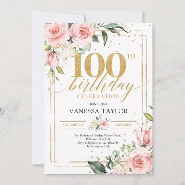 Rustic blush floral greenery gold frame 100th invitation (Front)